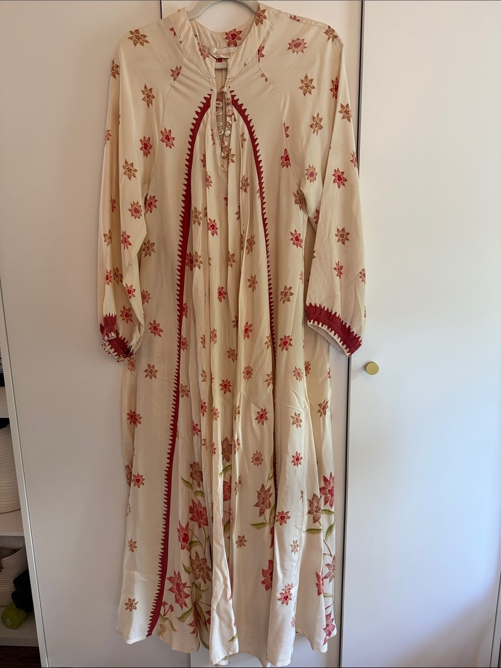 Natalie Martin Cream Floral Maxi Dress with Red Trim